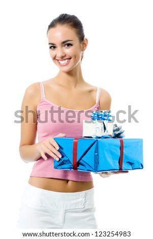 Young smiling woman with gifts, isolated over white background