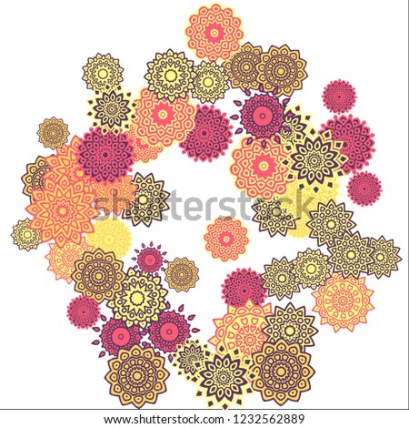 Christmas Background with Cute Colorful Snowflakes on White Ground. Ethnic Stylized Mandalas Looking Like Snowflakes. Moroccan, Ottoman or Arabic Pattern for Card, Poster, Banner