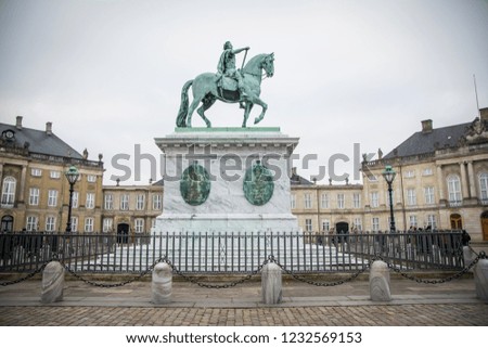 The equestrian statue (Rytterstatuen) at Amalienborg Castle. Home of the Royal family. Copenhagen. Denmark