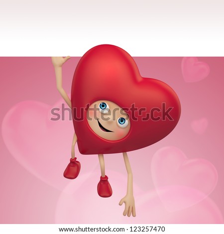 funny red heart cartoon holding banner. Valentine day greeting. Three dimensional character render