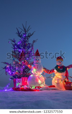 Family holiday. Christmas and New Year concept. Cozy atmosphere outside in winter. Winter sky and snowmen.