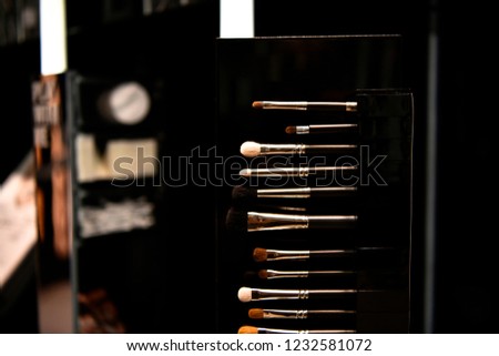 A set of professional make up brushes for make up artist. All in one place, for eyes, lips and face. make of different materials and in all shapes and forms. Expensive luxury items for work on set.