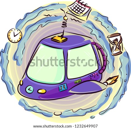 Illustration of a Fantasy Time Machine with Calendar, Clock and Hourglass in a Warp