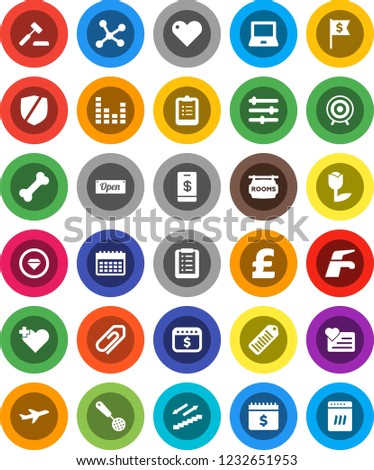 White Solid Icon Set- water tap vector, skimmer, notebook pc, clipboard, dollar flag, calendar, pound, target, stairways run, heart monitor, bone, plane, tulip, protected, barcode, equalizer, cross