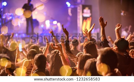 Party People Rock Concert. Crowd Happy and Joyful and Applauding Clapping. Celebration party festival happiness. Entertainment party. Digital Technology Social Job Everywhere. Social Online Marketing.