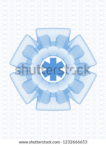 Light blue rosette. Linear Illustration with emergency cross icon inside