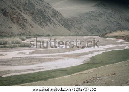 Landscape of a dry river in the hills. Altai mountains 2018, Siberia, Russia. Side view. Nature concept.