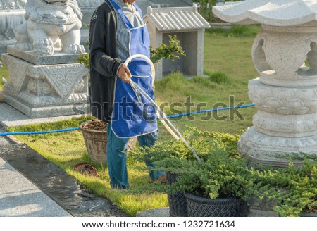 Workers watering planters workers