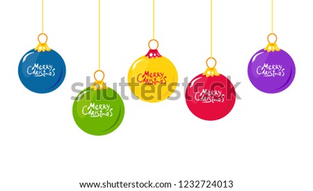 Christmas ball handing on string collection. Xmas vector bauble isolated on white background. New Year ball set, decoration element. Vector illustration.
