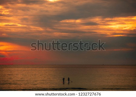 Sea sup surfing under amazing dark sunset sky. Two people on Stand Up Paddle Board. Orange sky. Paddleboarding Concept. Trips to warm destinations. Phuket. Thailand. 