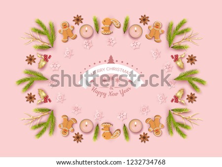 Merry Christmas and Happy new year top view background. Christmas greeting illustration with festive decoration