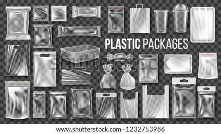 Plastic Packages Transparent Wrap Set Vector. Empty Food Product Polyethylene Package Mock Up Template. Realistic Nylon Doy Pack Packaging Branding Design Illustration
 Royalty-Free Stock Photo #1232753986
