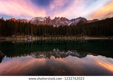 Beautiful sunset at Carezza lake, Dolomites, Italy, Europe