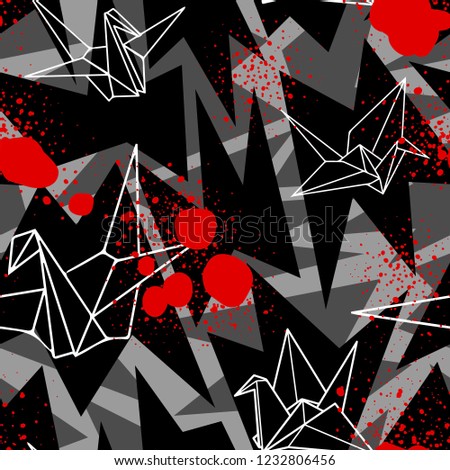 Storks in origami with abstract geometric background. Vector seamless pattern