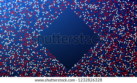 Colours of American Flag. USA Independence Day.  Red, Blue and White Stars on Blue Gradient Background. Abstract Background with Many Random Falling Stars Confetti on Blue Background. 