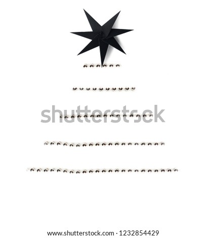 Scandinavian christmas tree with star and silver garland, Isolated christmas decor elements over white background. Set of decorative elements for greetings card design flat lay. New year tree mock up.
