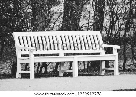 White wooden bench in park - black and white photograph