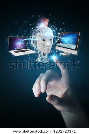 Businesswoman on blurred background using white humanoid controlling modern devices 3D rendering