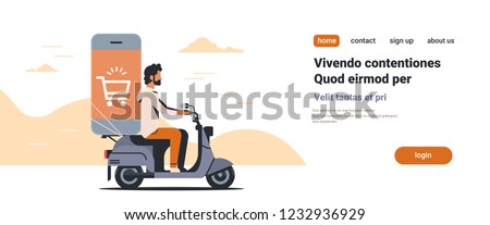 man riding scooter with mobile application online shopping concept isolated flat horizontal copy space vector illustration