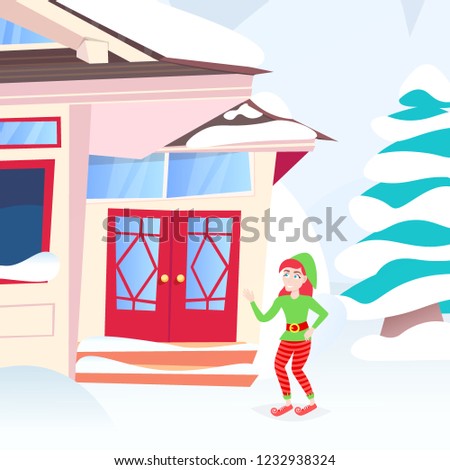 elf girl near wooden snow cowered cottage happy new year merry christmas holidays decorations concept snowy fir tree flat vector illustration