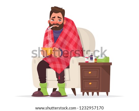 Sick man. Flu, viral disease. Vector illustration in cartoon style Royalty-Free Stock Photo #1232957170
