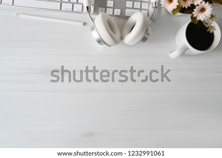 White wood workspace with modern desktop keyboard computer and office accessories, Workspace and copy space