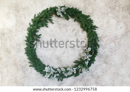Christmas presents/gifts and fir-tree wreath. Vintage New Year decorations. Fir-tree wreath. Christmas mood. Celebrating of New Year