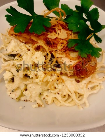 home made spaghetti with blue cheese sause and low temp baked chicken 