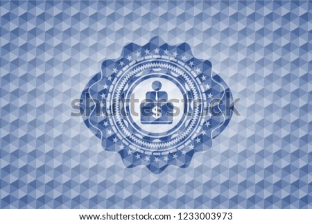 man working on computer icon inside blue hexagon badge.