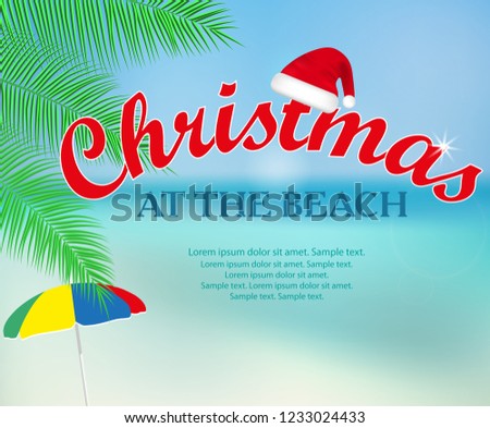 Christmas at the beach poster or banner seashore landscape. Winter vacation. Vector illustration.