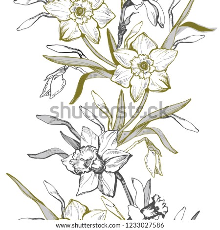 Floral seamless border with hand drawn flowers Daffodils, Monochrome botanical elements on white background. For create  textile, fabric, wallpaper, packaging, wedding. greeting card design. 