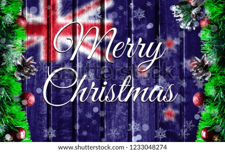 Merry christmas holiday concept with blurred flag image of New Zealand, Xmas background