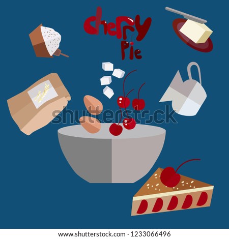 Inredients for making cherry pie.Cooking pie set.Cherry pie recipes.Vector isolated objects.Food for mix and cook.Color pattern.