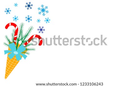 Vector illustration with ice cream cone, candy canes, snowflakes, sprig of Christmas trees, bow. Design for party card, banner, poster or print.