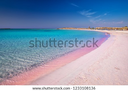 Elafonissi beach on Crete island with azure clear water, Greece, Europe. Crete is the largest and most populous of the Greek islands.  Royalty-Free Stock Photo #1233108136
