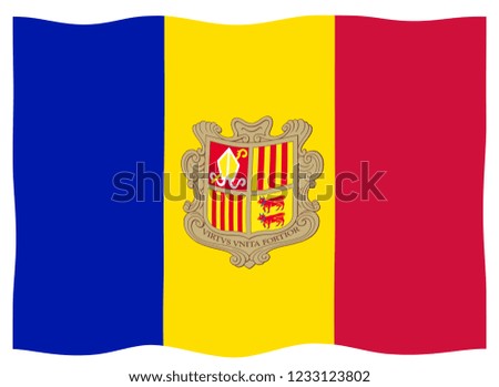 The flag of Andorra with coat of arms in red blue and yellow fluttering on a white background
