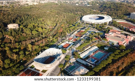 Aerial drone bird's eye view photo of iconic sports complex of Foro Italico featuring famous Obelisk of Mussolini, Rome, Italy