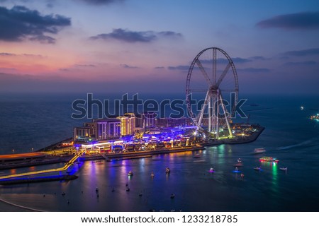 Blue Water Island Dubai UAE Sunset Overview Royalty-Free Stock Photo #1233218785