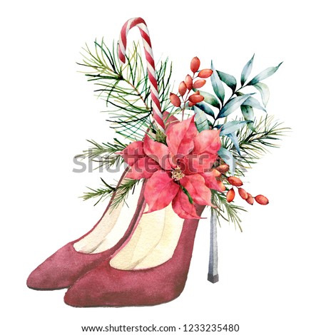 Watercolor red suede heeled shoes with Christmas floral decor. Hand painted fir branches, berries, eucalyptus leaves, poinsettia and candy cone on white background. Holiday symbol for design