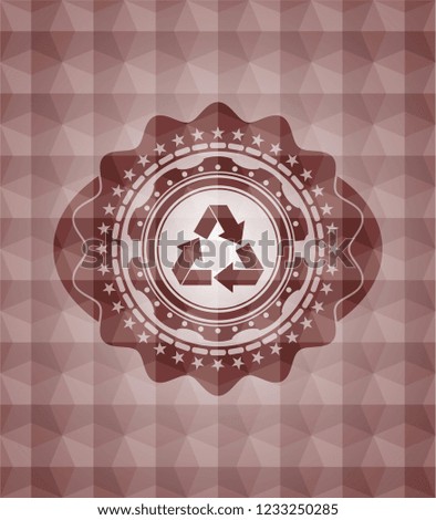 recycle icon inside red emblem with geometric background. Seamless.