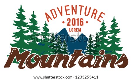 Color vector template with stylized inscription, mountains and forest. Editable for design.