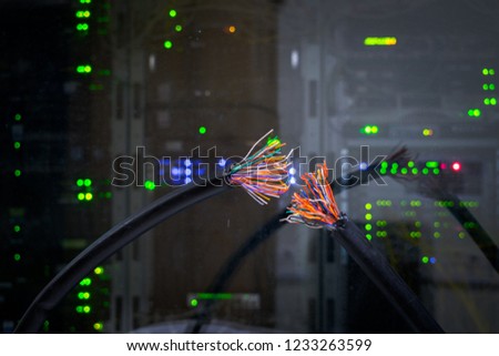 There is a damaged telephone Internet cable in the server room of the data center. Global communication problem. Two broken pieces of telecommunication wire. Disconnect Royalty-Free Stock Photo #1233263599