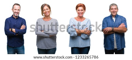 Collage of group of elegant middle age and senior people over isolated background happy face smiling with crossed arms looking at the camera. Positive person.