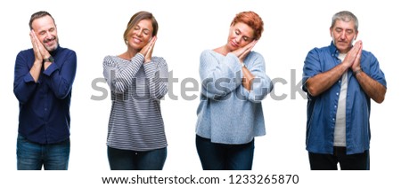 Collage of group of elegant middle age and senior people over isolated background sleeping tired dreaming and posing with hands together while smiling with closed eyes.