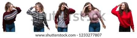 Collage of young brunette curly hair girl over isolated background very happy and smiling looking far away with hand over head. Searching concept.