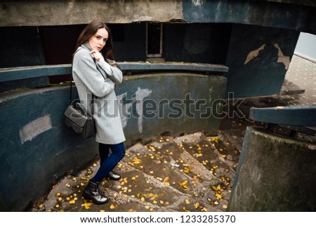 Beautiful young girl in a gray coat outdoors. Ladder strewn with autumn leaves