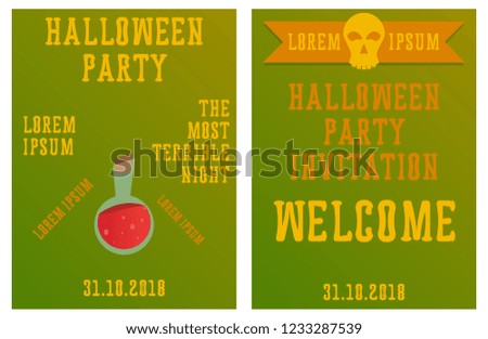 Set of Halloween Concepts. Vector Illustration. Pumpkin and Spider Web, Witch Hat and Cauldron, Skull and Bones, Night Party. Trick or Treat.