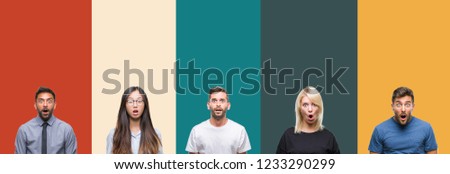 Collage of different ethnics young people over colorful stripes isolated background afraid and shocked with surprise expression, fear and excited face.