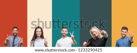 Collage of different ethnics young people over colorful stripes isolated background smiling looking to the camera showing fingers doing victory sign. Number two.