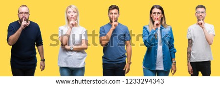 Collage of group people, women and men over colorful yellow isolated background asking to be quiet with finger on lips. Silence and secret concept.